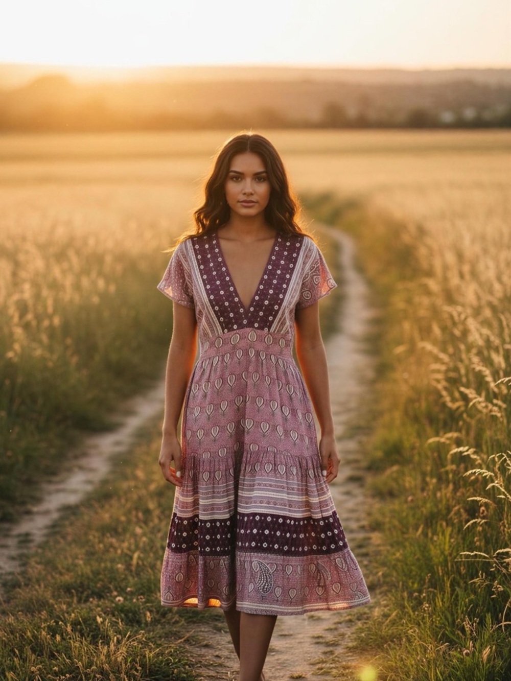 Zesica Lightweight Wrap Crossover Boho Chic Mixed Patterned Midi Dress